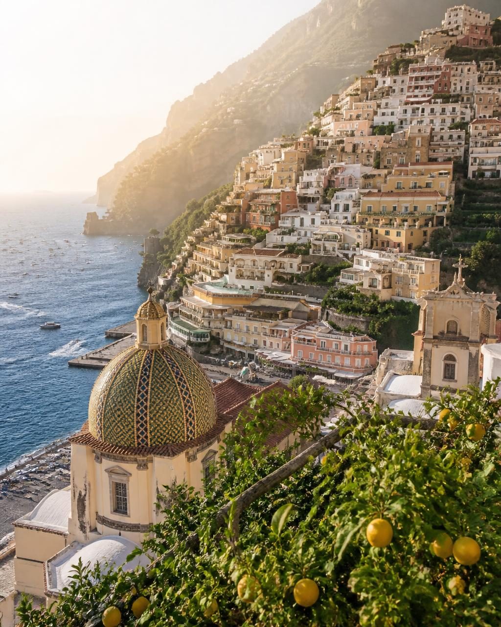 Pastel houses stacked above the sea on the Amalfi Coast with lemon terraces