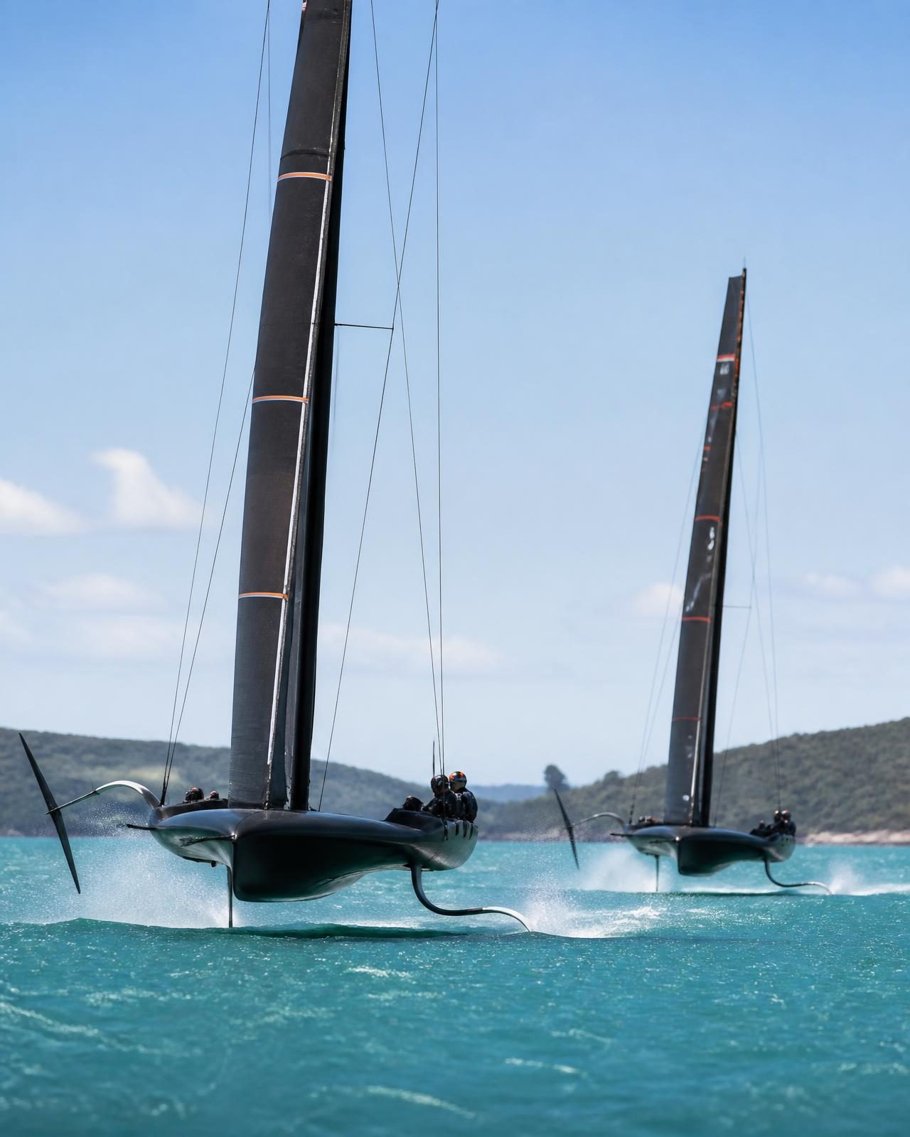 Two foiling racing catamarans flying above turquoise coastal water