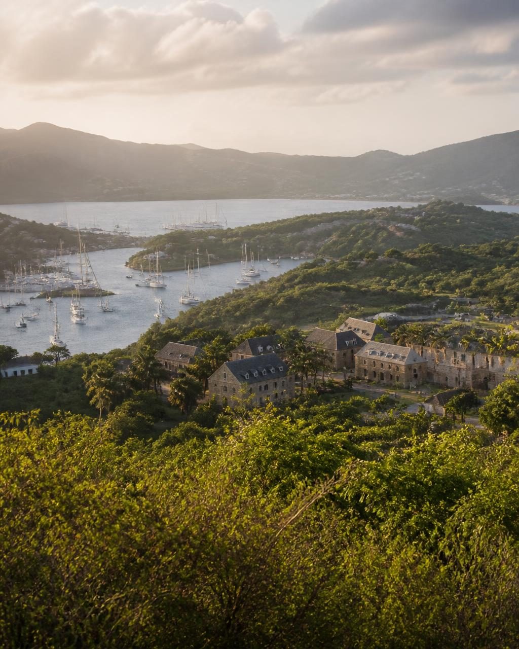 English Harbour in Antigua seen from Shirley Heights with Georgian dockyard buildings