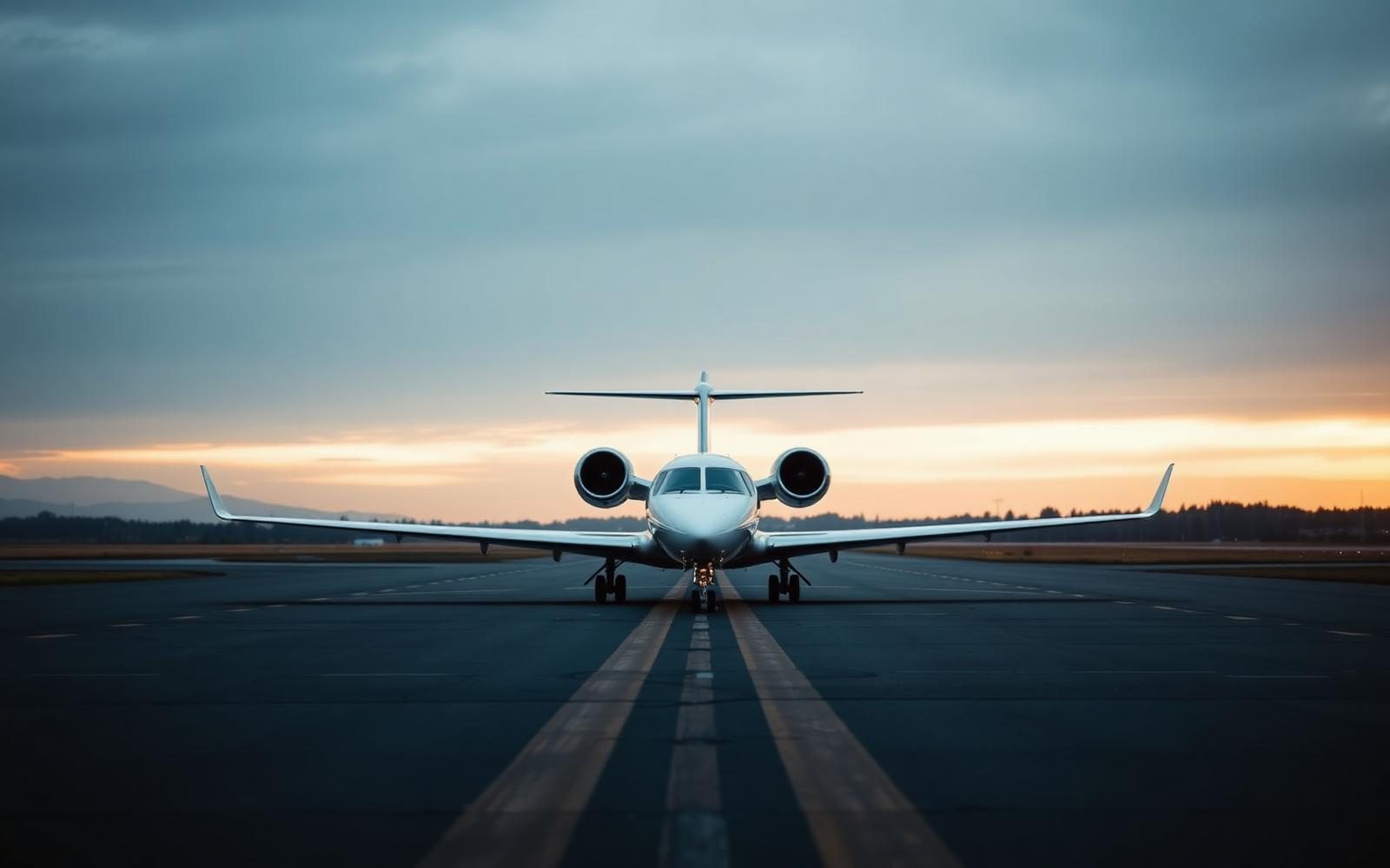 Private jet on the apron at dusk