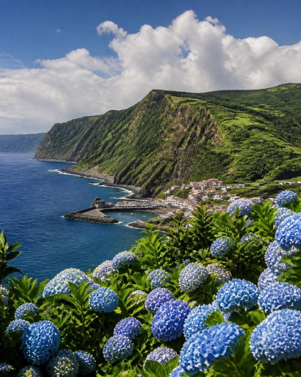 Green volcanic cliffs above the Atlantic with blue hydrangeas and a small harbour village