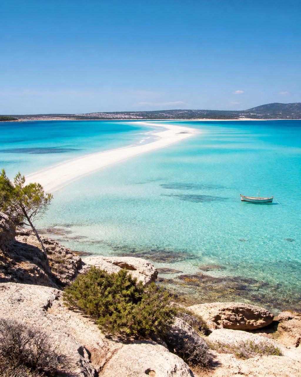 White sandbar and translucent shallow water between Ibiza and Formentera
