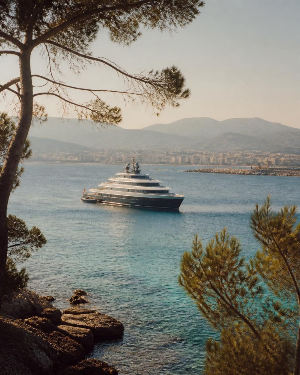 A yacht anchored in clear water off the pine-covered Îles de Lérins with the bay of Cannes beyond