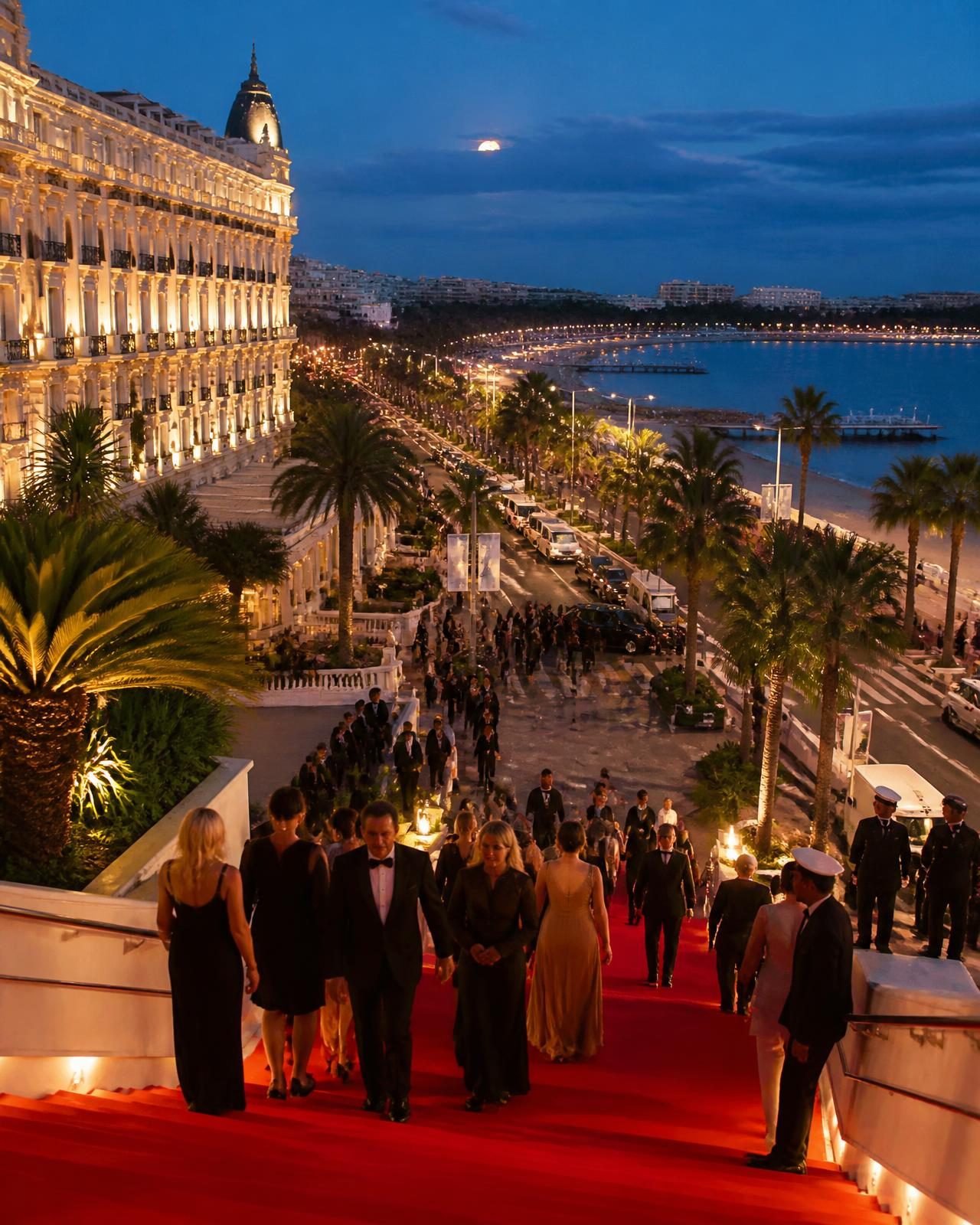 The Croisette in Cannes at dusk with lit hotel facades and guests in evening dress