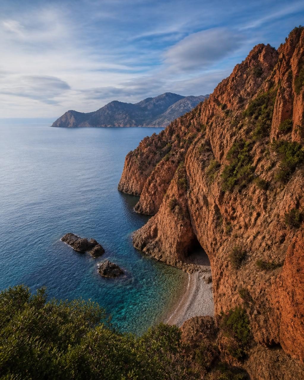 Red granite cliffs of the Calanques de Piana falling into the Corsican sea