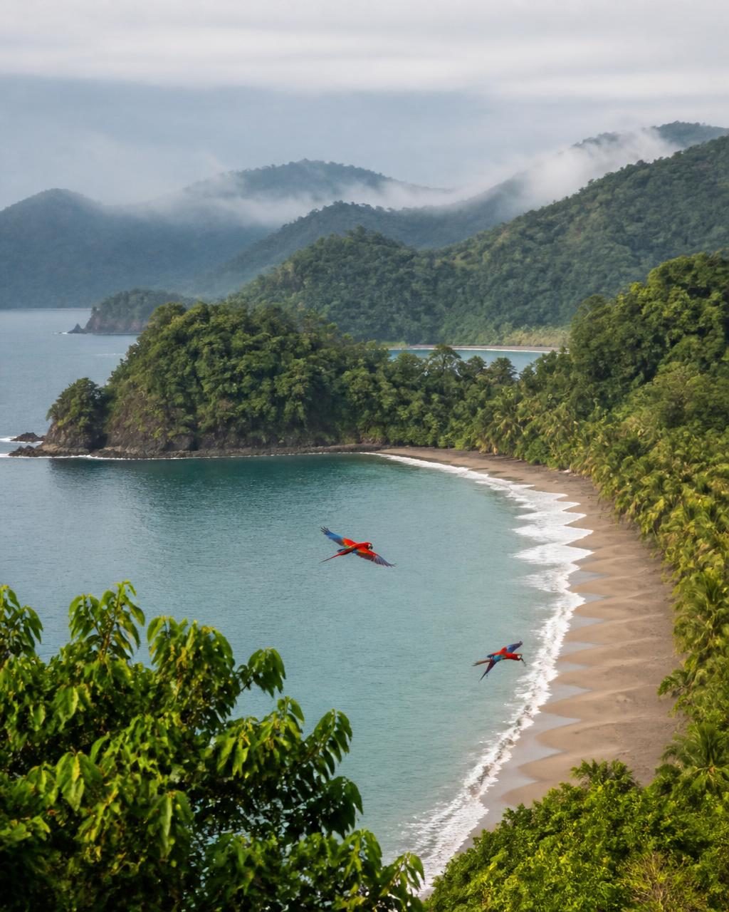 Rainforest headlands and an empty beach on the Pacific coast of Costa Rica