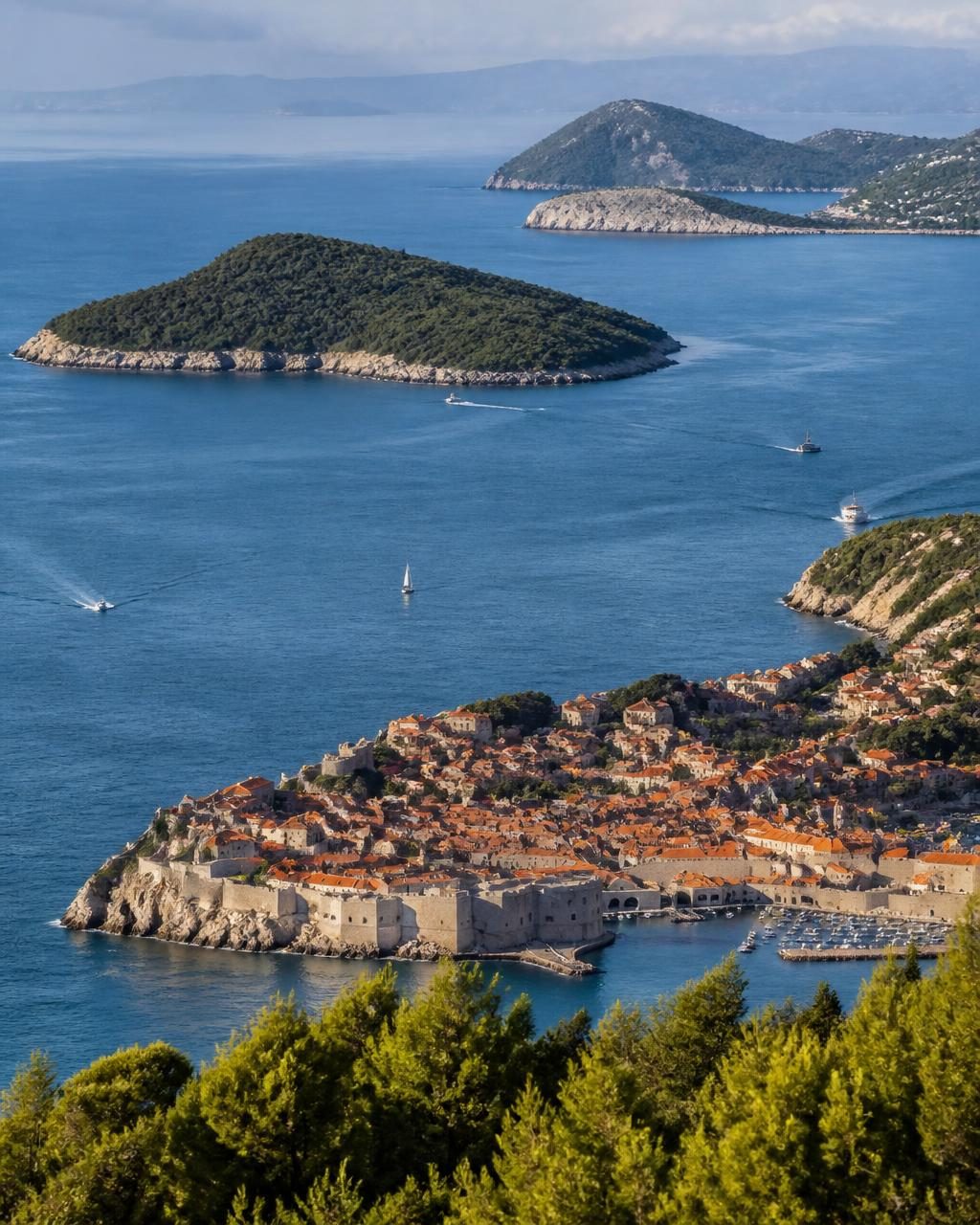 Walled Adriatic old town with terracotta roofs and pine-covered islands offshore