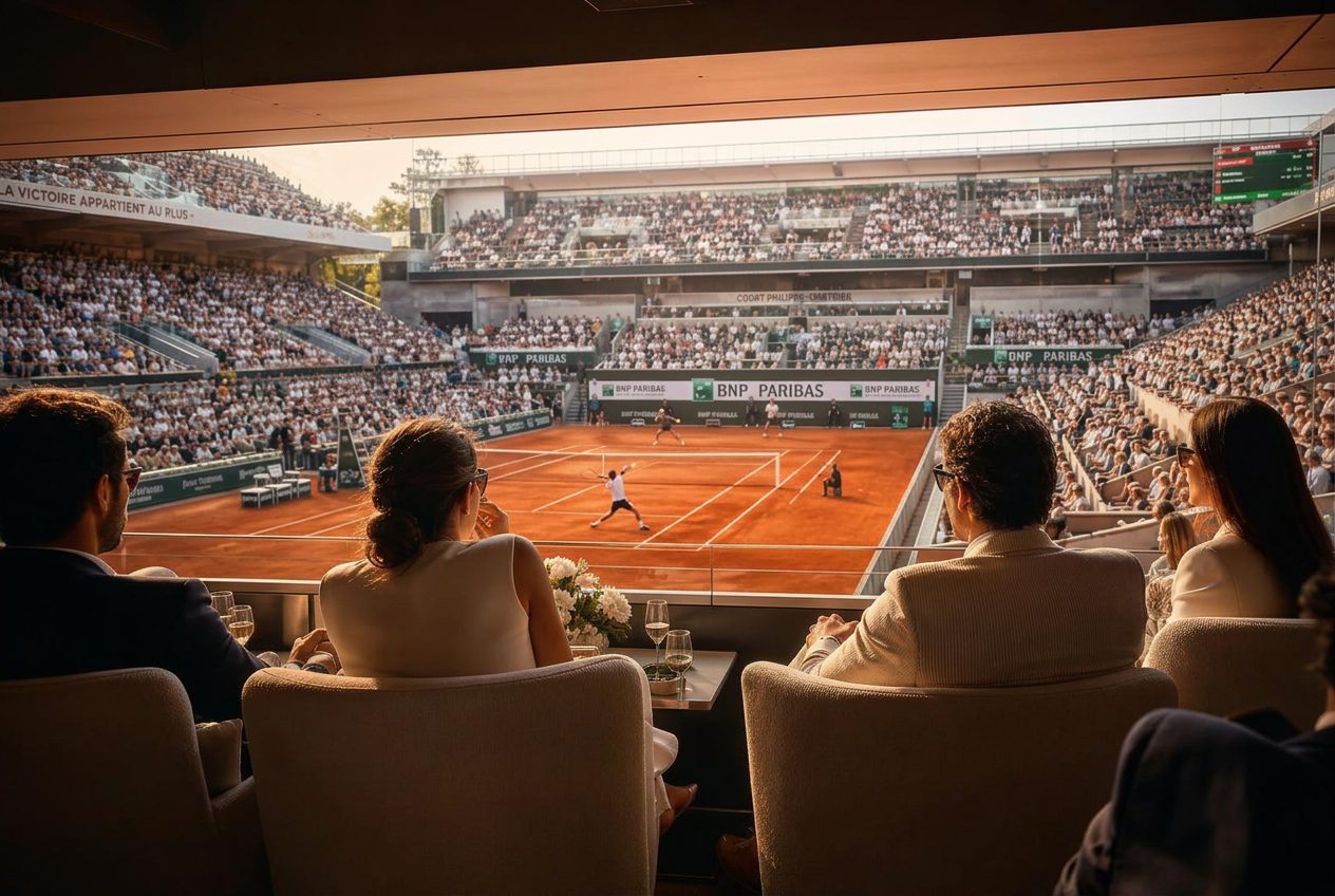 Guests watching a match from a private loge at Roland-Garros