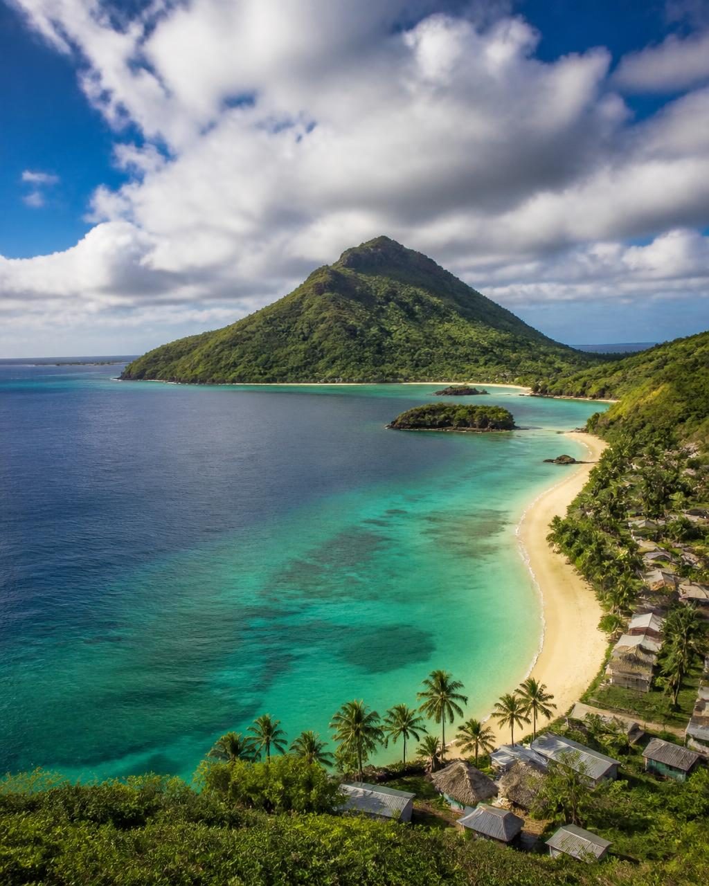 Steep green volcanic island above a reef-fringed bay in Fiji