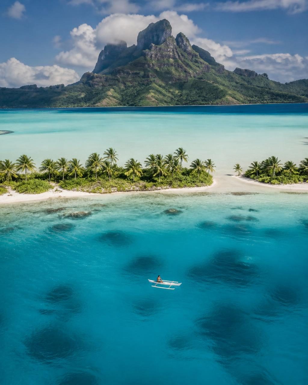 Volcanic peak rising above a pale lagoon and palm-covered motu in French Polynesia