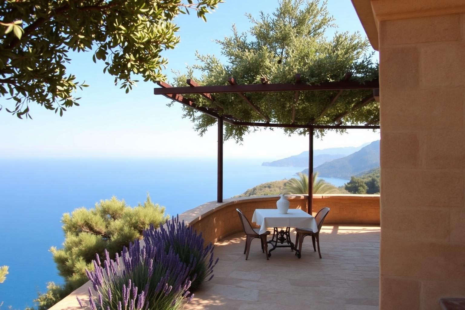 Stone terrace with lavender and a shaded table above the Mediterranean