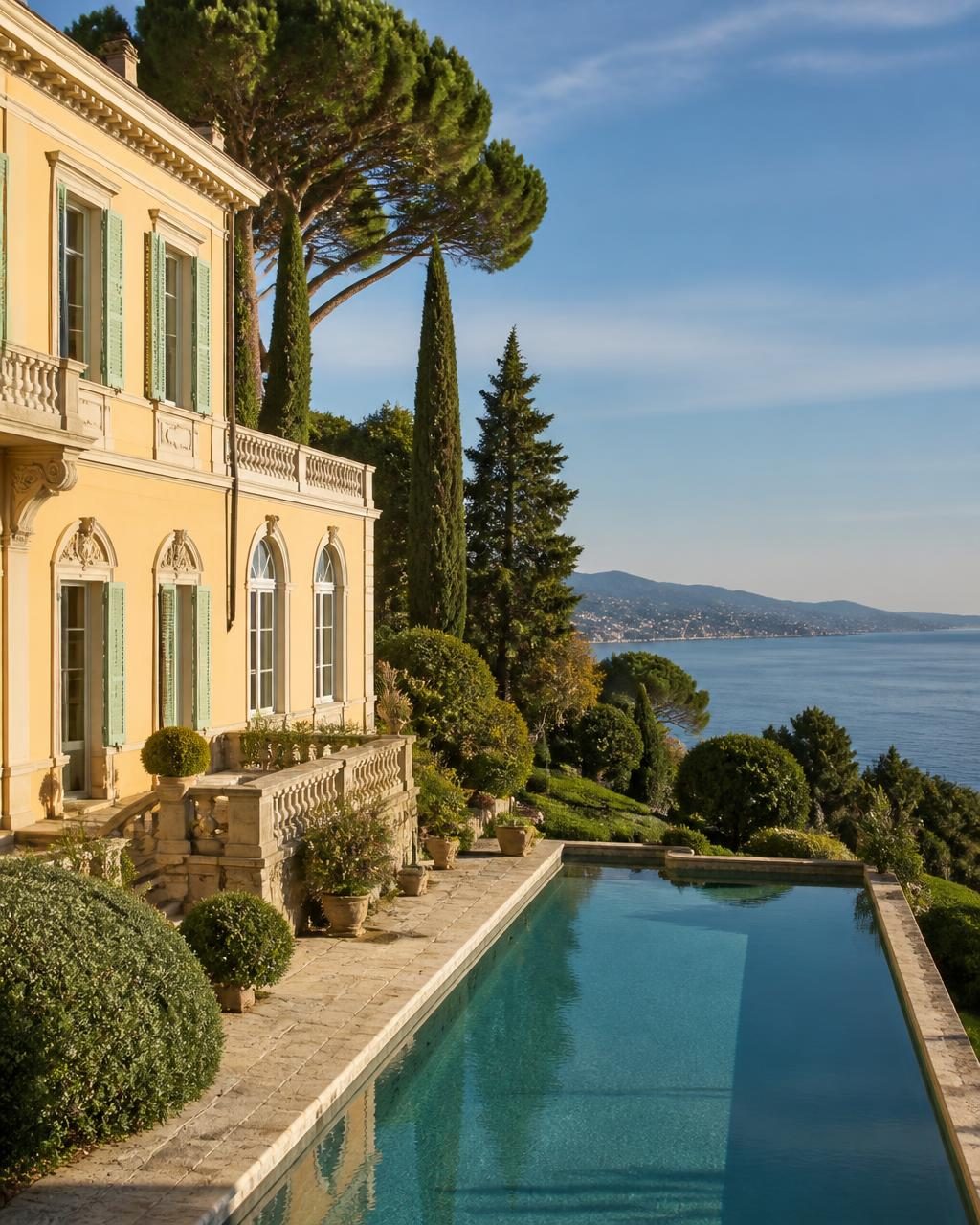 Belle-époque villa on Cap d'Antibes with a long pool above the Mediterranean