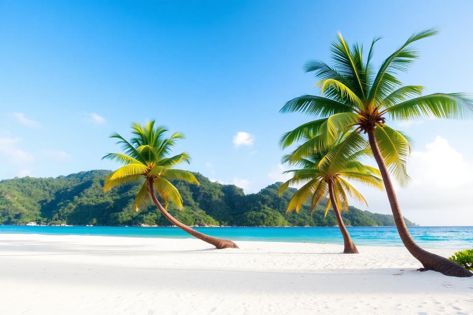 Empty white-sand beach with leaning coconut palms in Guadeloupe
