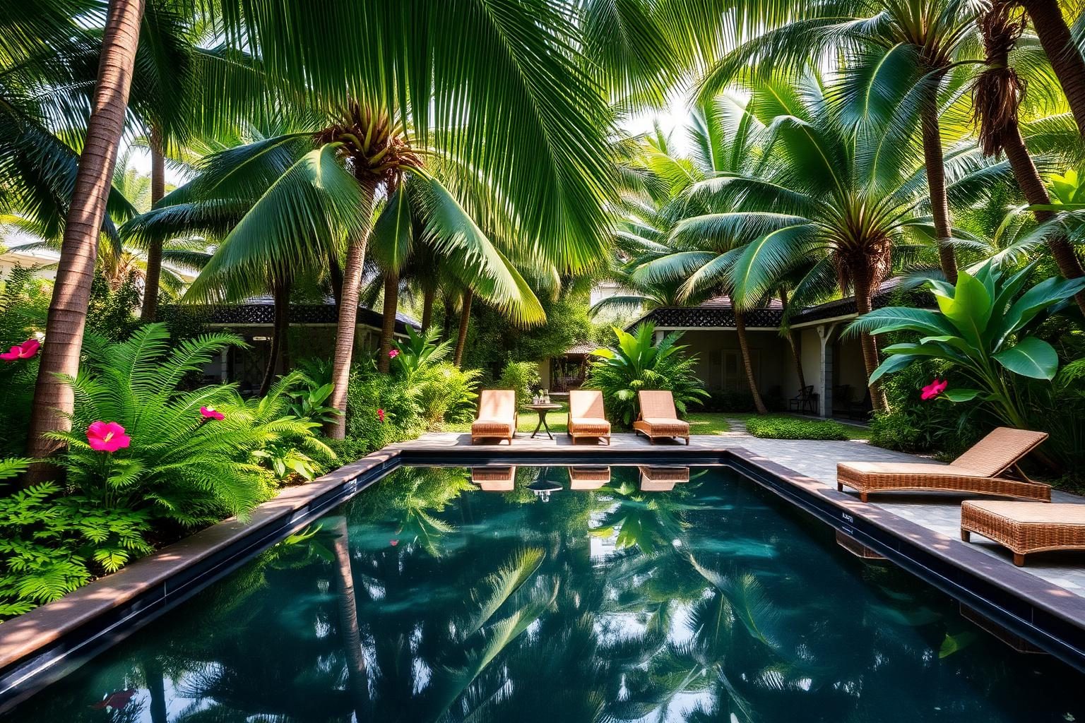Tropical garden pool surrounded by ferns and hibiscus at a Guadeloupe villa