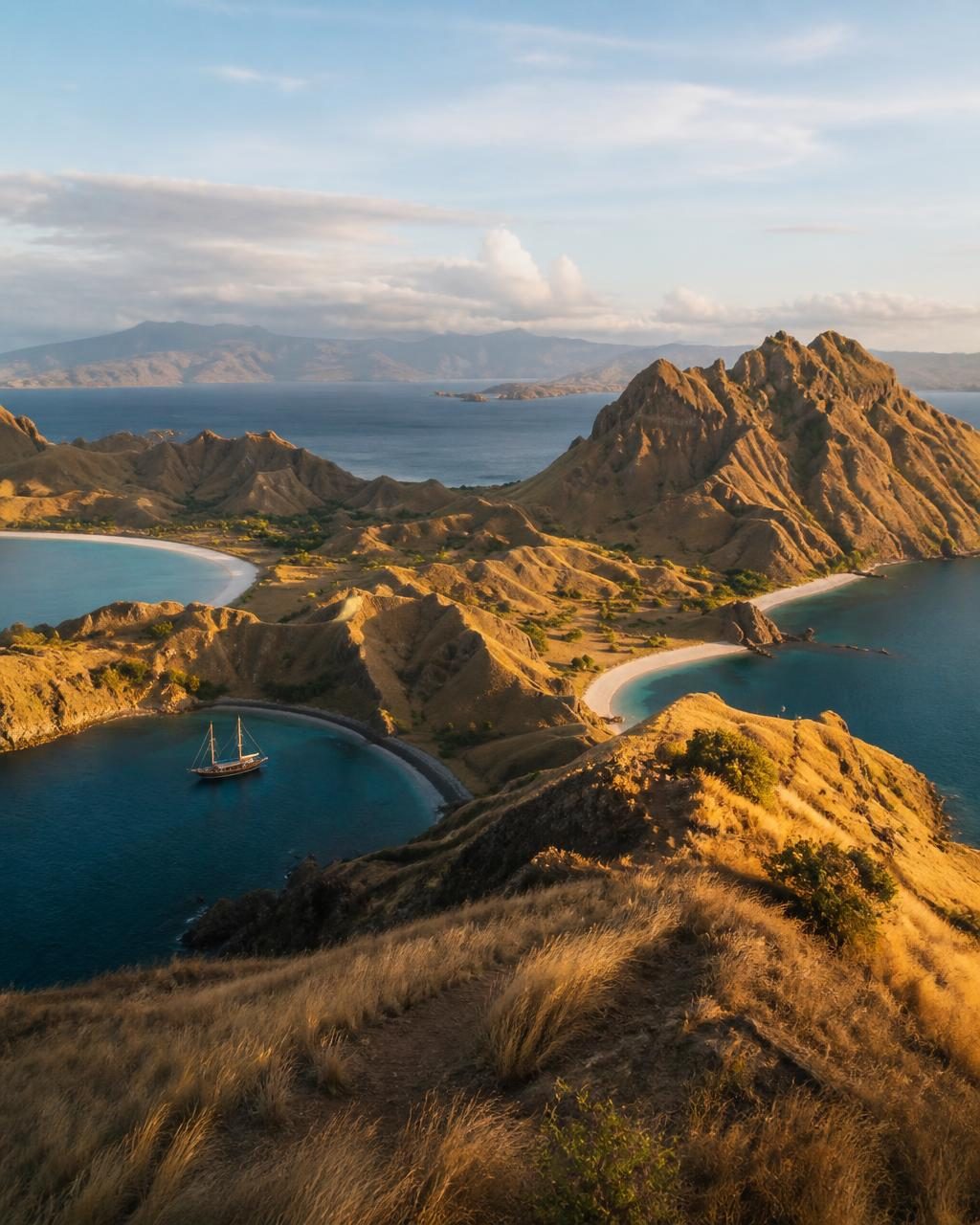 Golden savannah ridges and crescent beaches above deep blue bays in Komodo