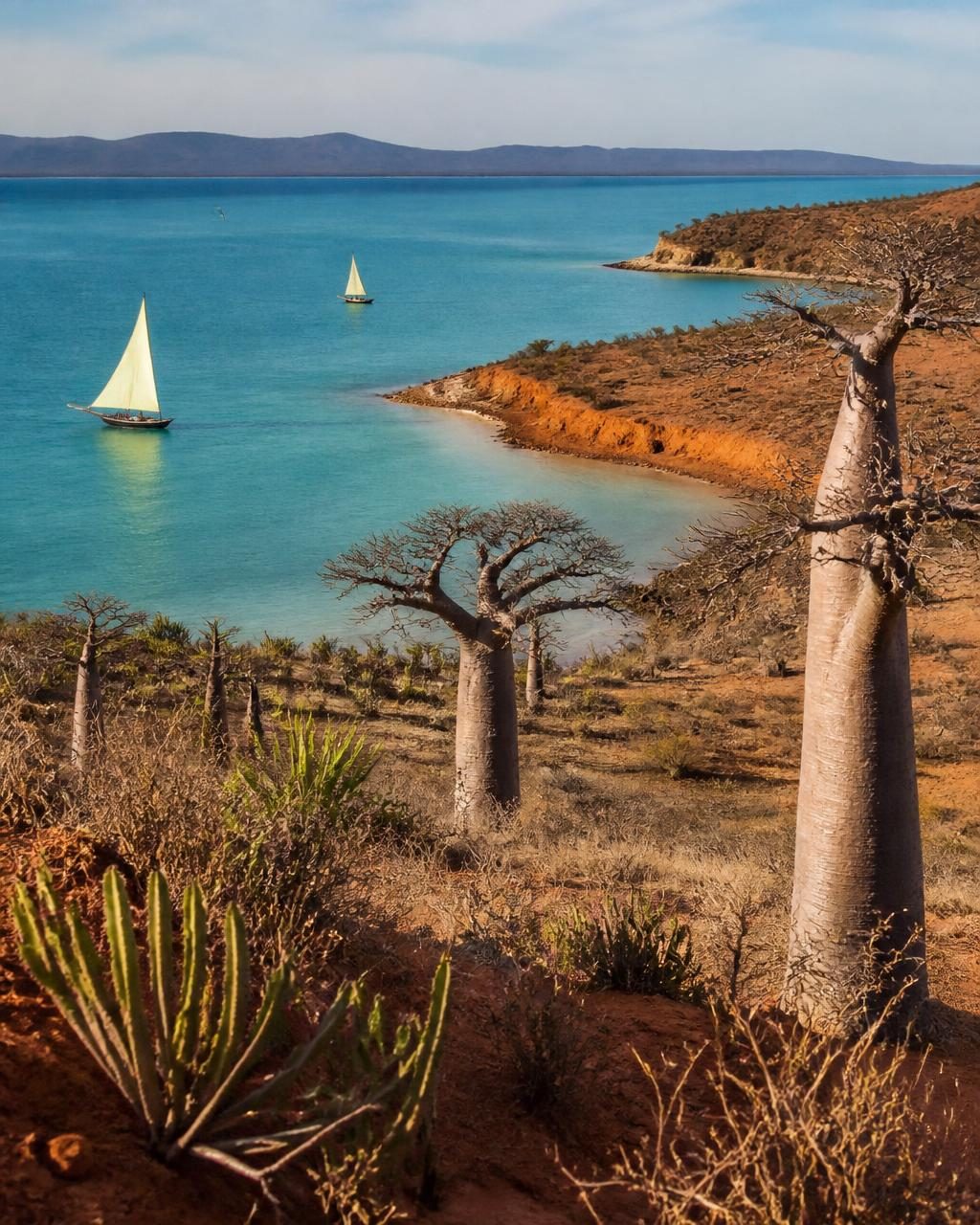 Baobab trees above a turquoise bay with traditional sailing pirogues in Madagascar