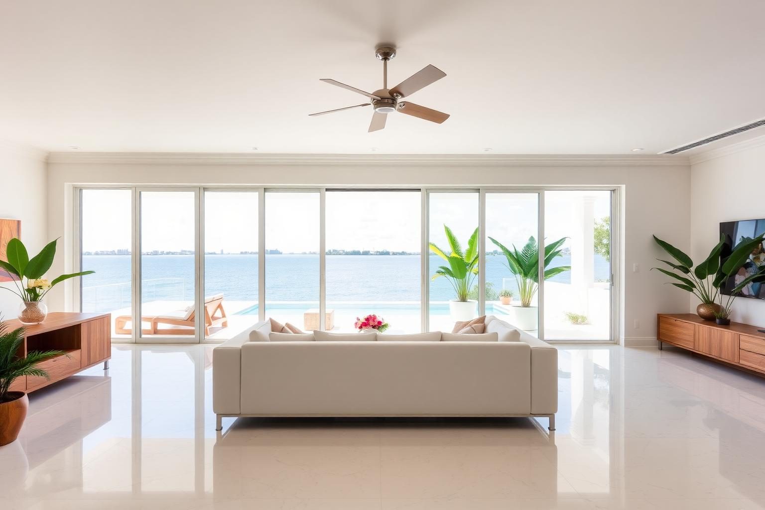 Bright Miami living room opening onto a pool deck and Biscayne Bay