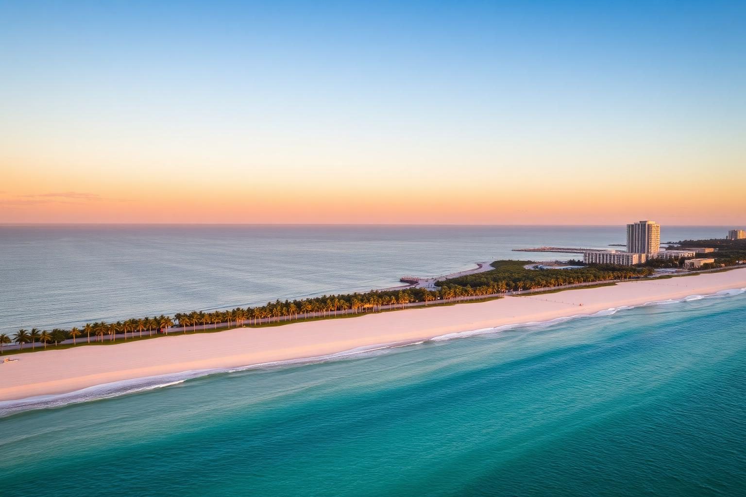 Aerial view of Miami Beach at golden hour with palms along the shore