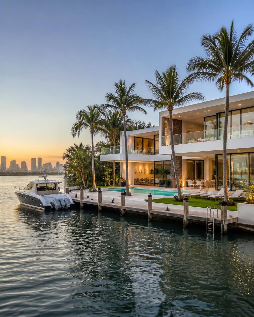 Waterfront Miami residence with a pool and dock on Biscayne Bay at dusk