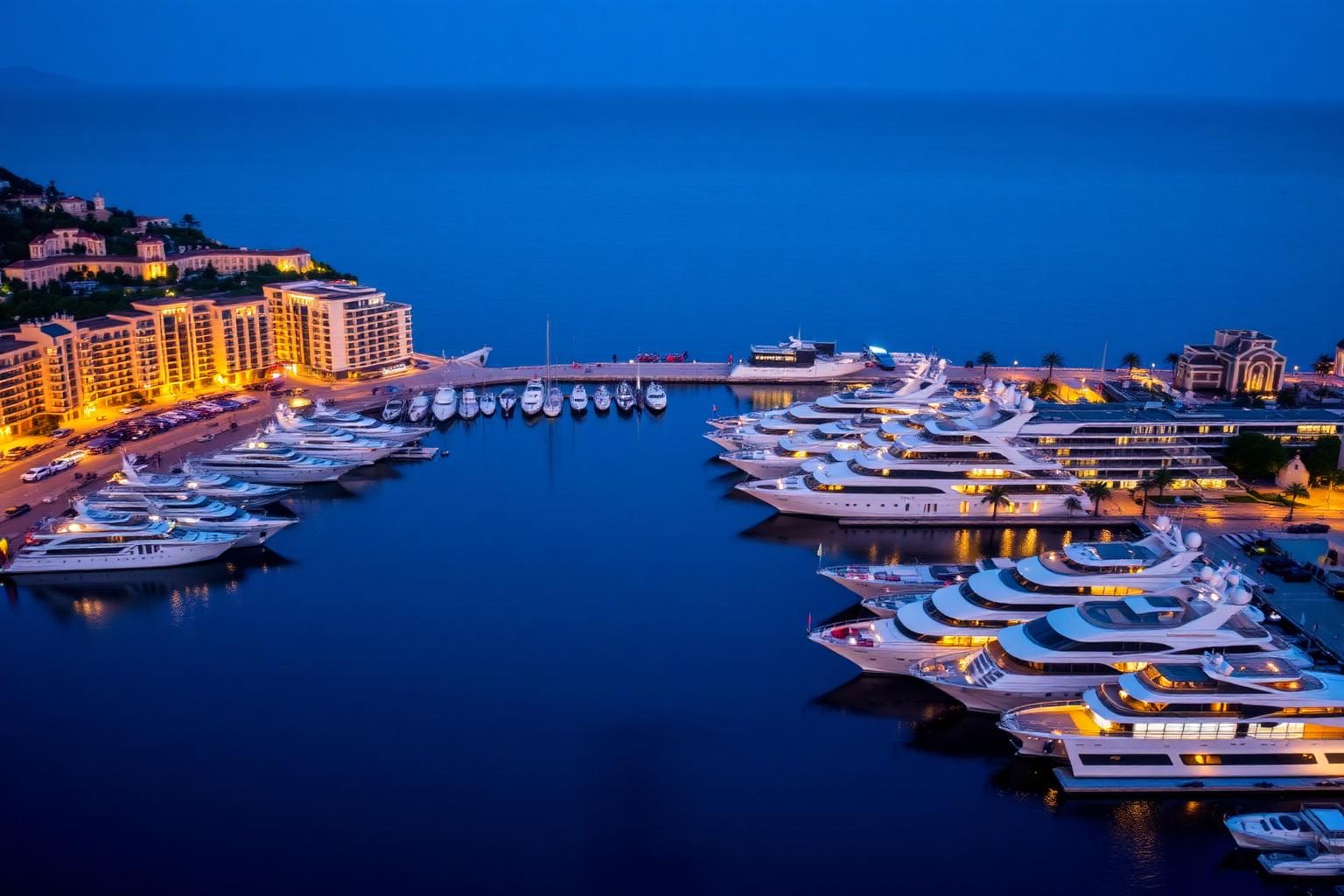 Port Hercules in Monaco at blue hour with lit superyachts along the quays
