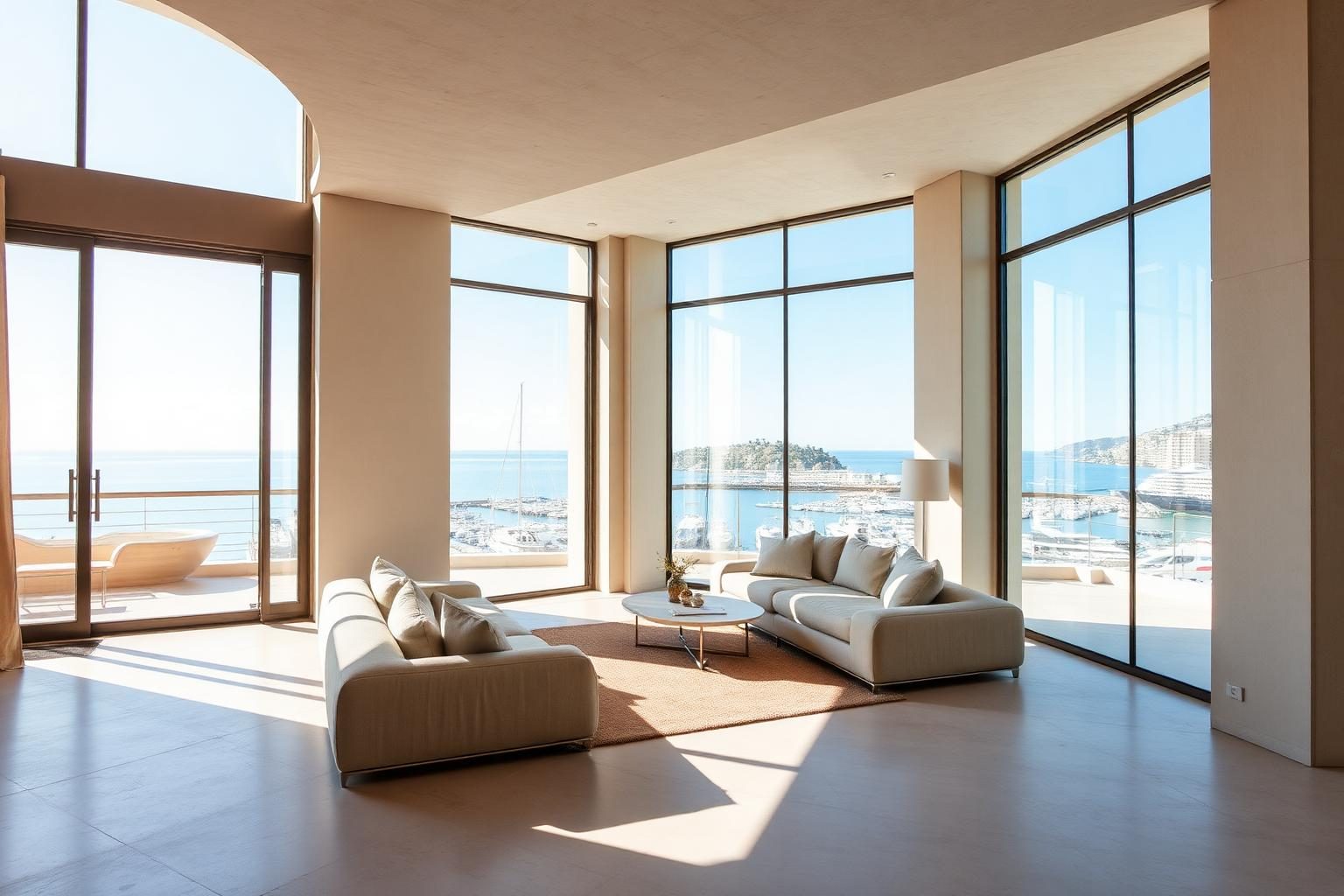 Contemporary Monaco apartment interior with floor-to-ceiling sea views