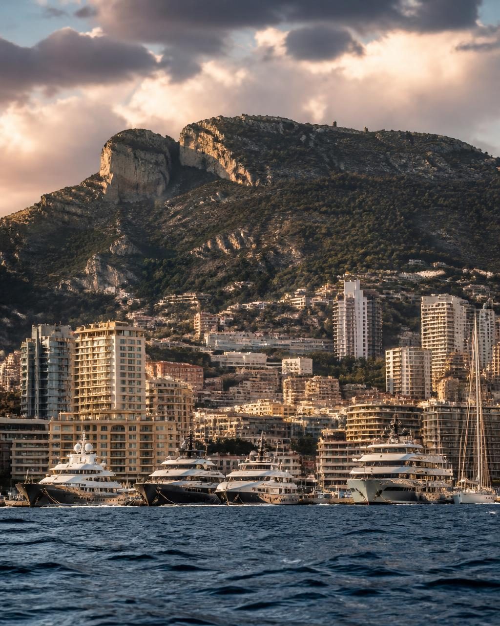 Yachts in Port Hercules below the towers of Monte-Carlo and the rock of the Tête de Chien