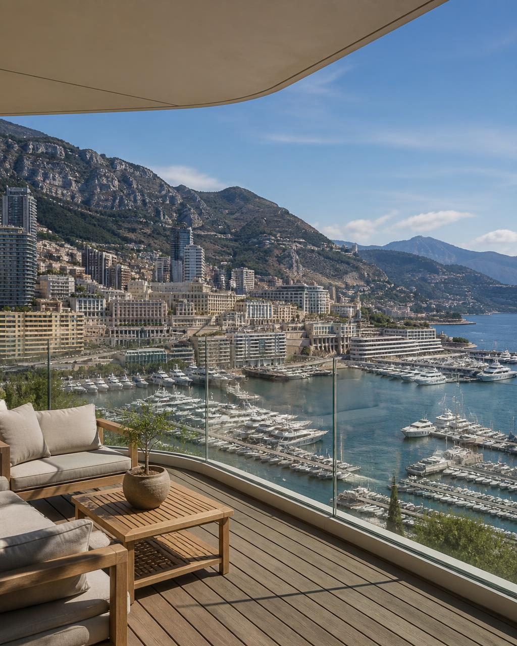 Terrace of a Monaco apartment overlooking Port Hercules and the Mediterranean