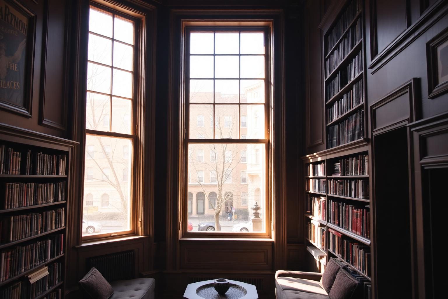 Panelled New York townhouse library with bookshelves and winter light