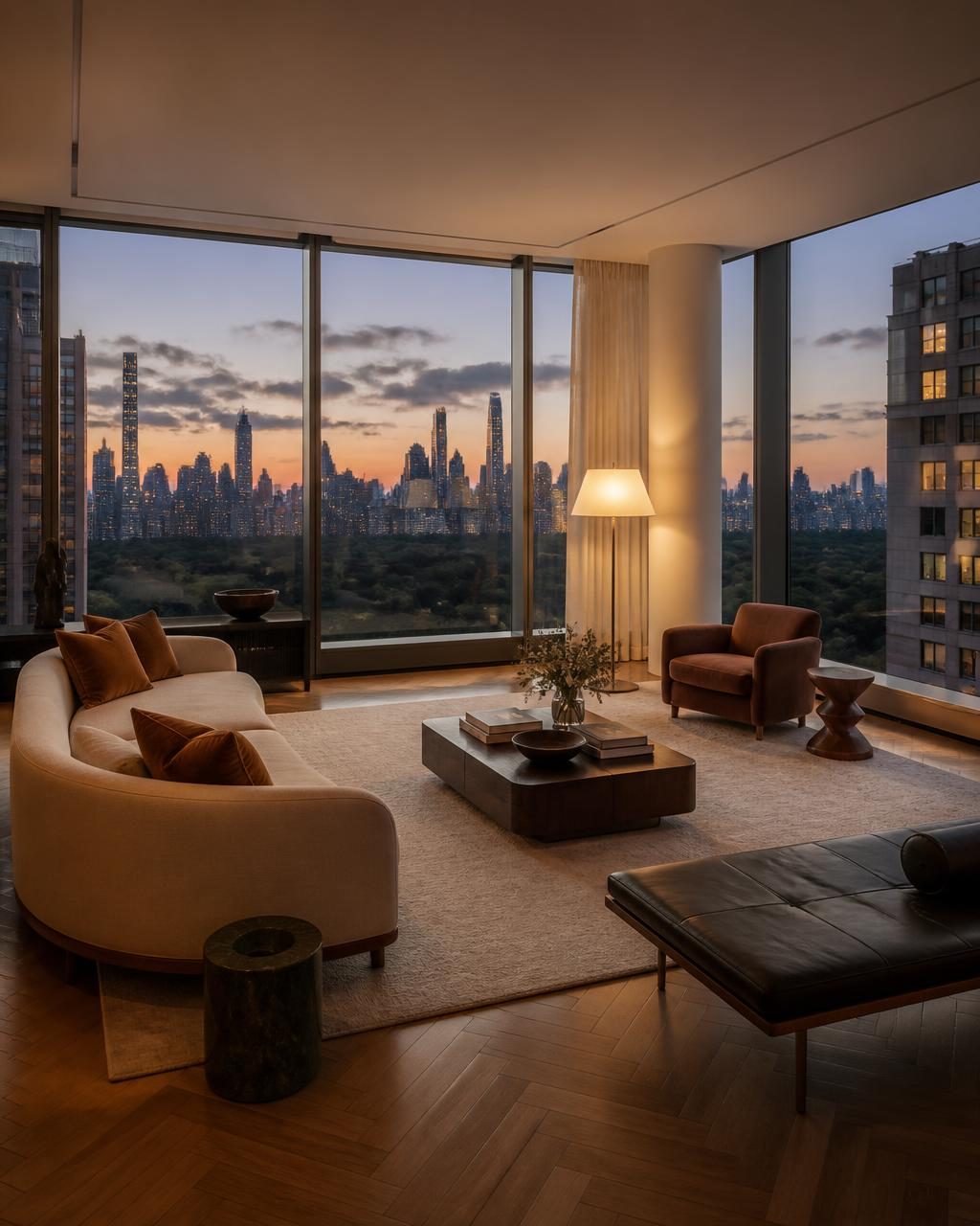 New York townhouse living room with tall windows overlooking a tree-lined street