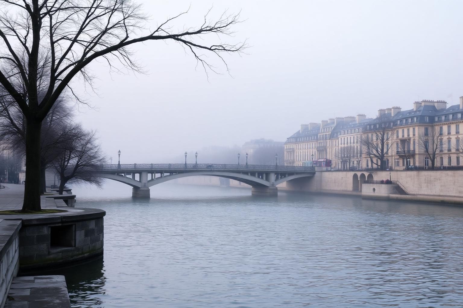 The Seine and a stone bridge in Paris on a misty winter morning