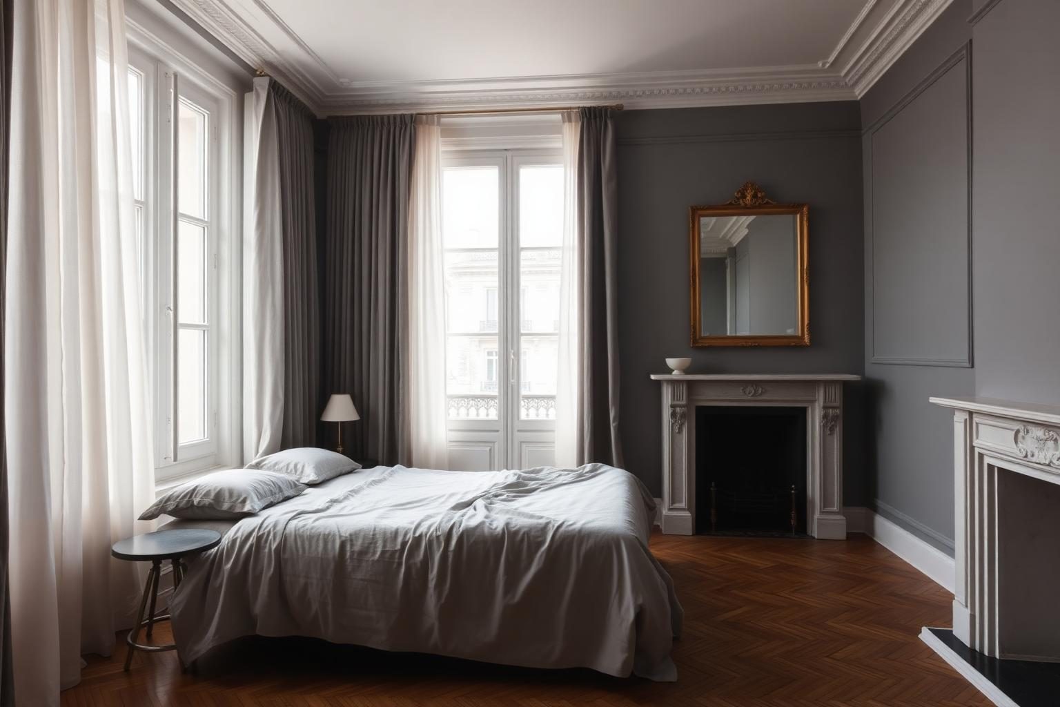 Paris bedroom with tall windows, linen bedding and a marble fireplace