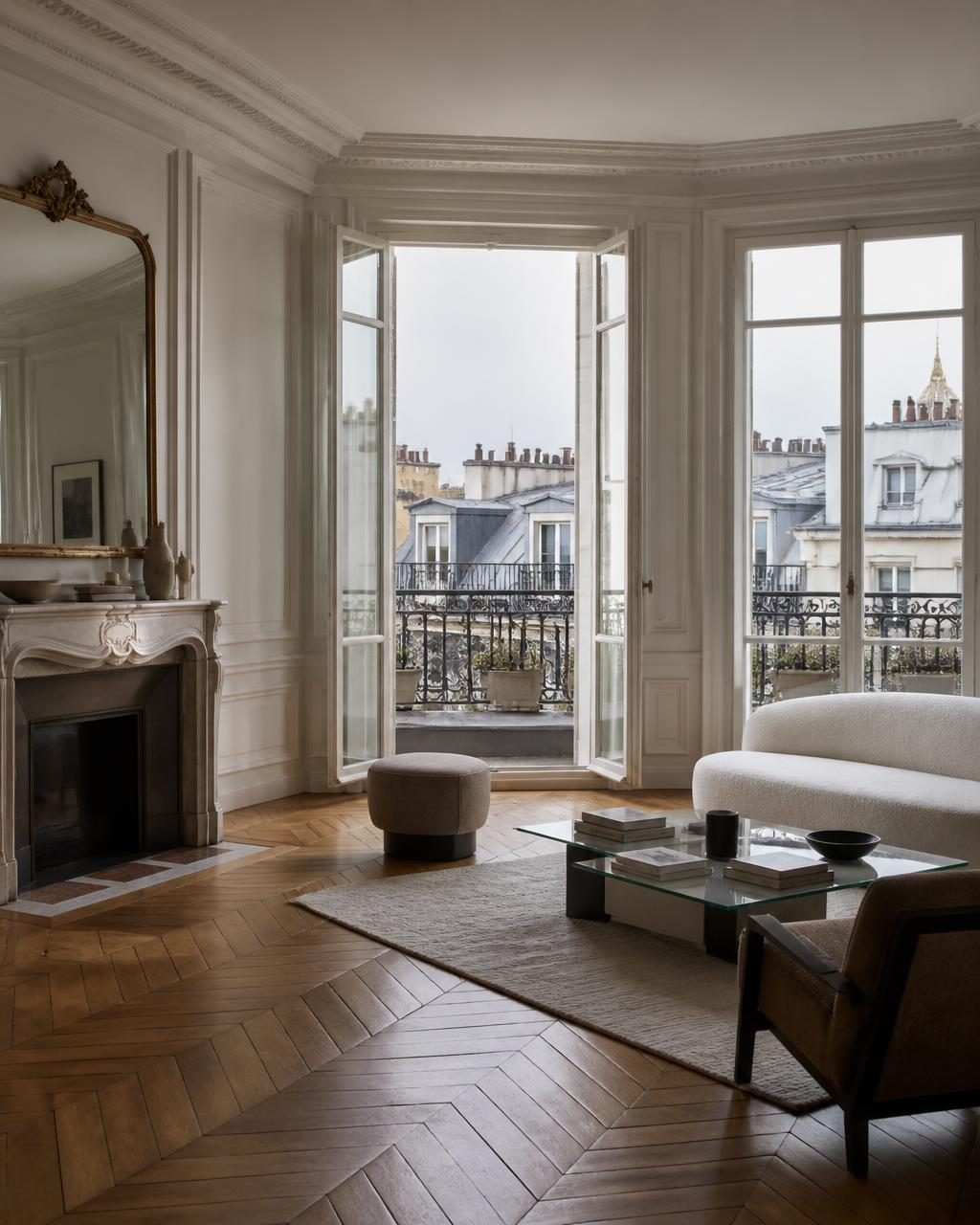 Haussmann apartment in Paris with parquet floors and French windows onto a balcony