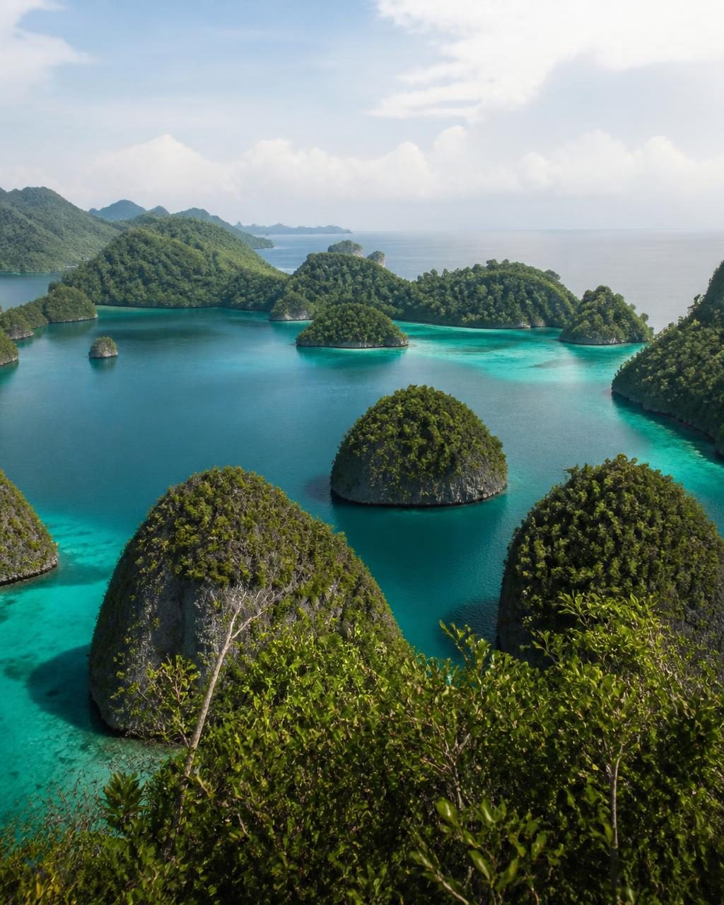 Jungle-covered karst islets rising from emerald lagoons in Raja Ampat