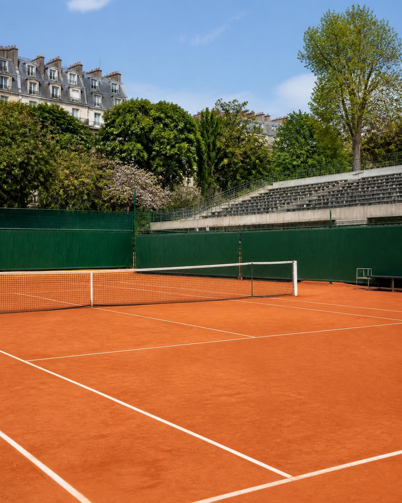 A red clay tennis court in Paris on a bright spring afternoon