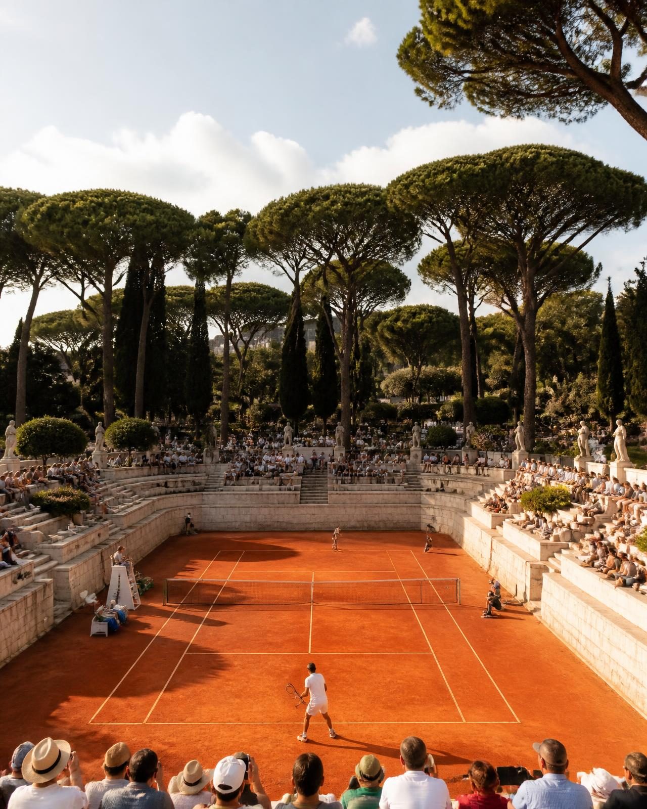 A clay tennis court in Rome framed by marble statues and umbrella pines