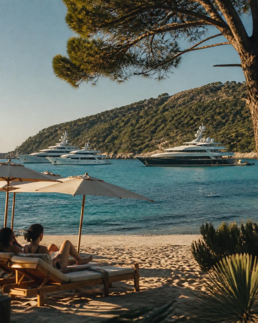 Yachts anchored off the sandy Pampelonne shore near Saint-Tropez in late summer light