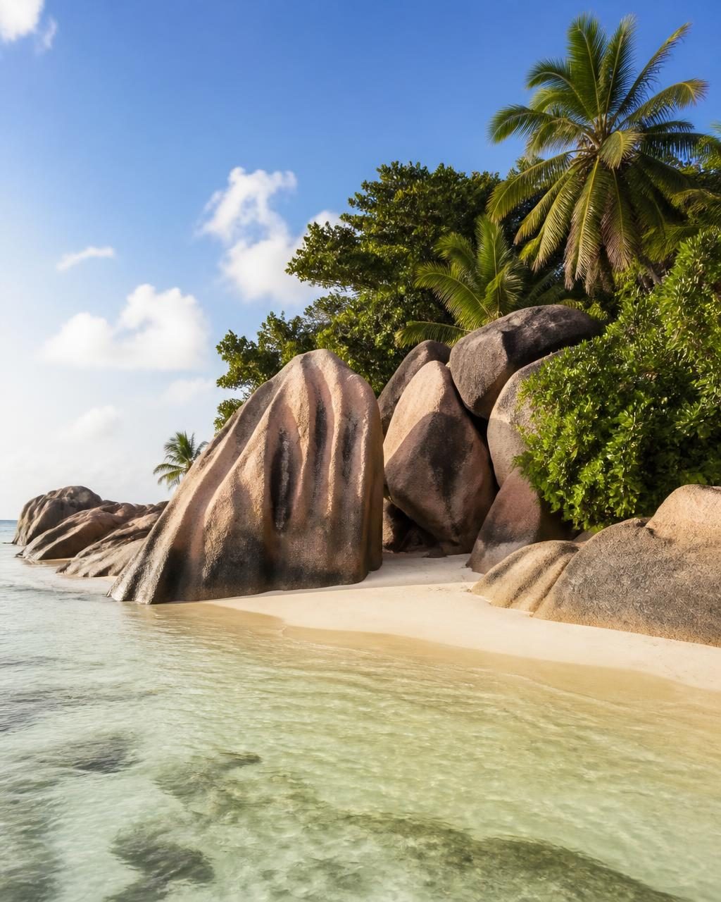 Sculpted pink granite boulders on a Seychelles beach with pale shallow water