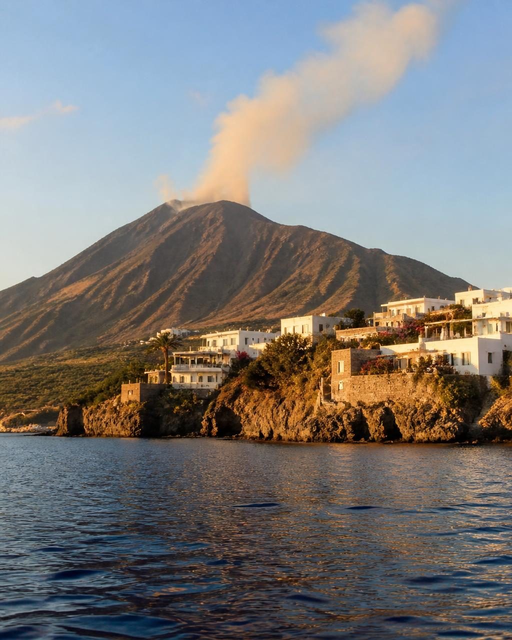 Whitewashed island houses below the smoking cone of Stromboli in the Aeolian Islands
