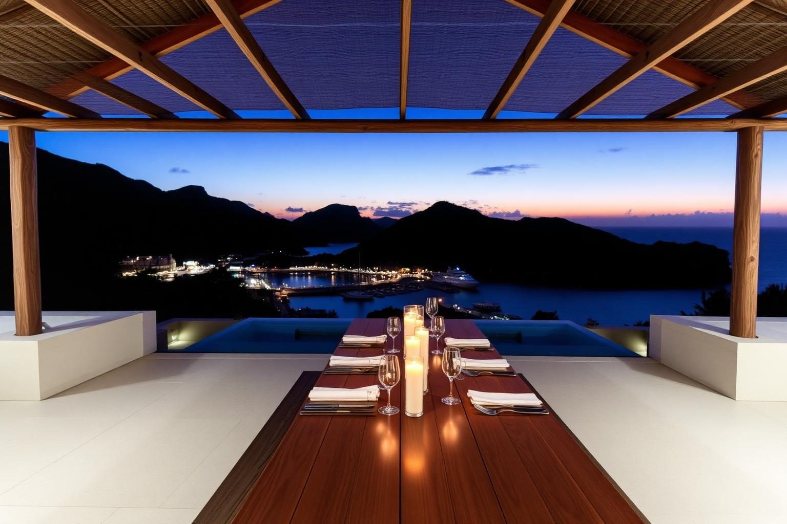 Candlelit terrace dinner table above the lights of Gustavia harbour
