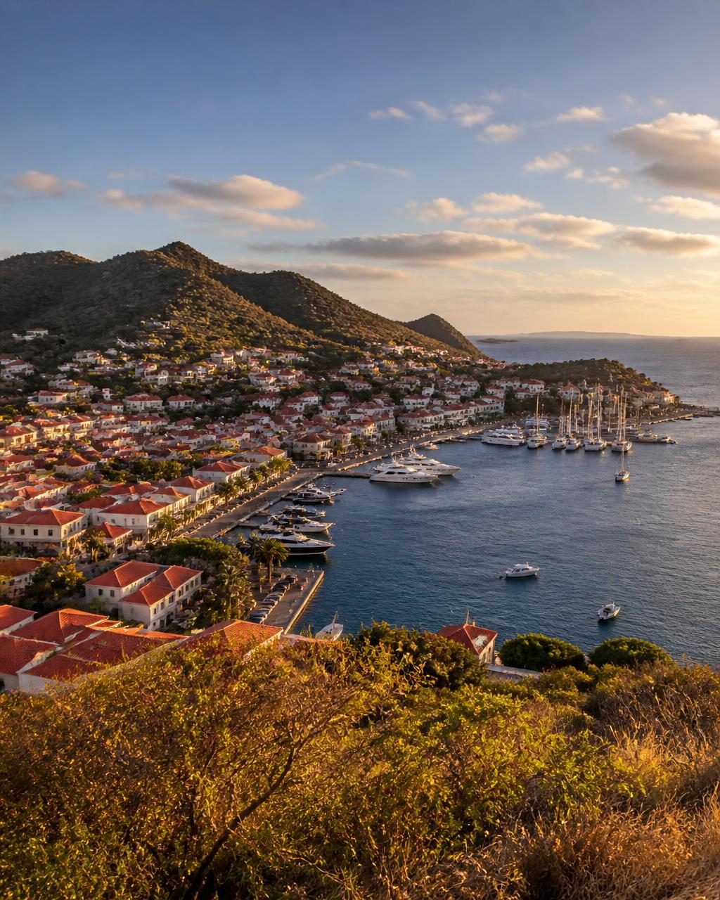 Gustavia harbour on Saint-Barthélemy at golden hour with red-roofed houses and moored yachts