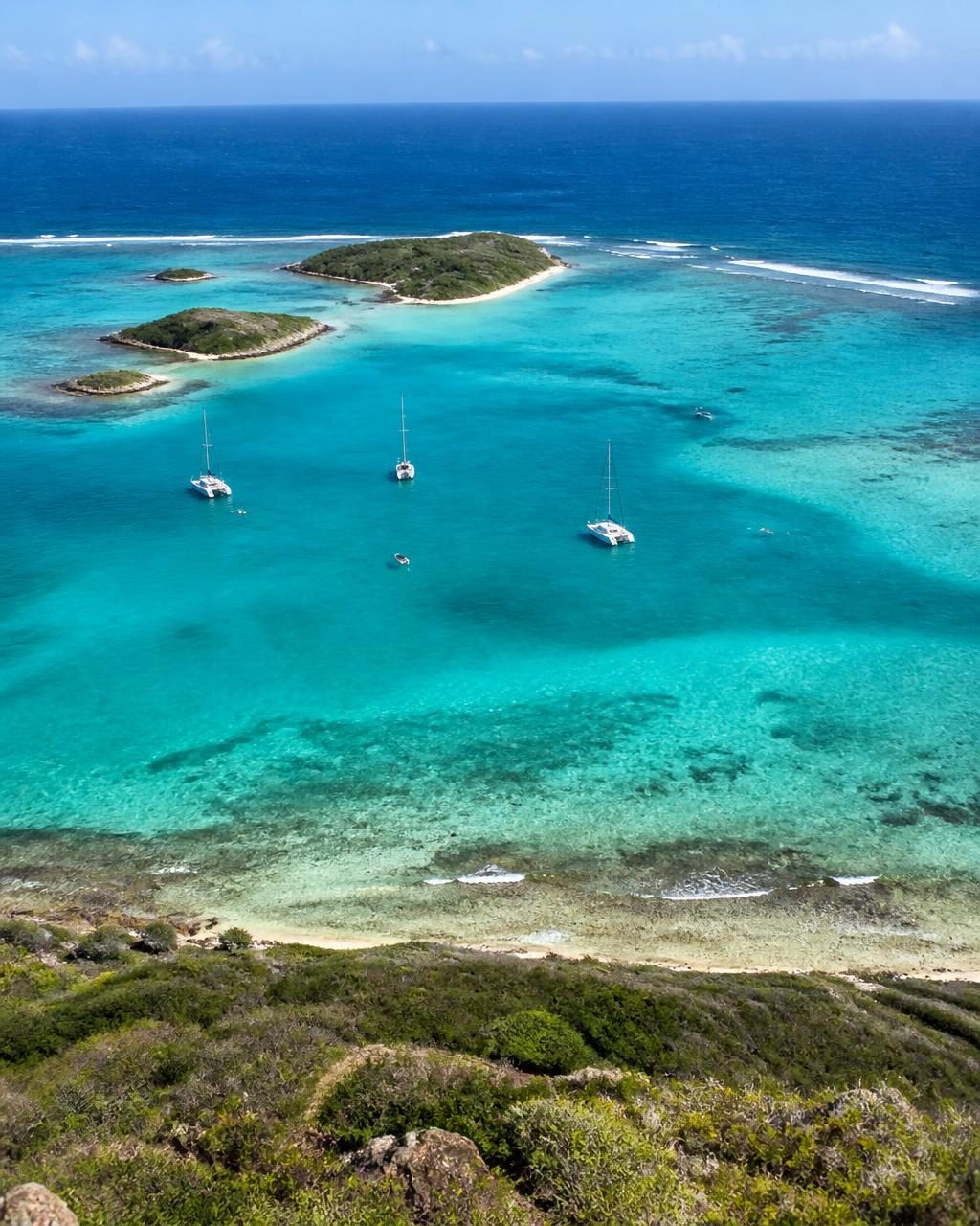 The Tobago Cays lagoon, low green islets inside a horseshoe reef