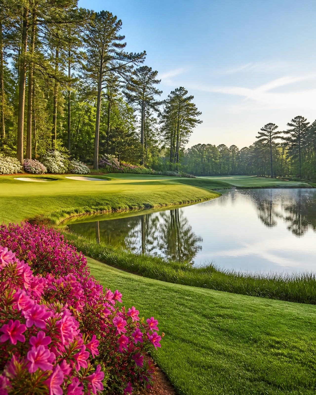 A pristine Georgia golf course in spring with azaleas and pines beside water