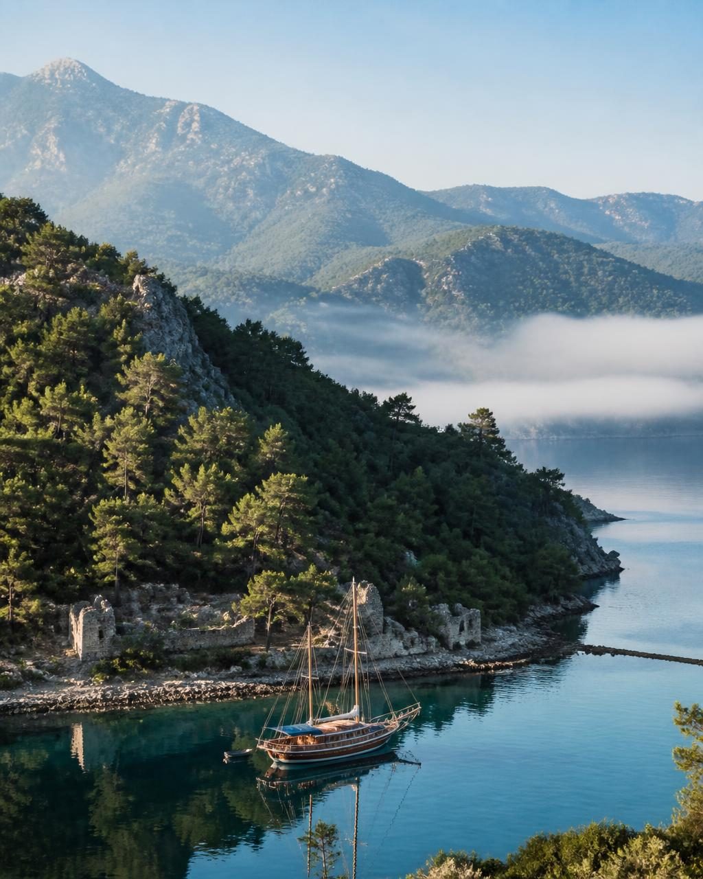 Pine-covered mountains dropping into a still bay with Lycian ruins on the shore