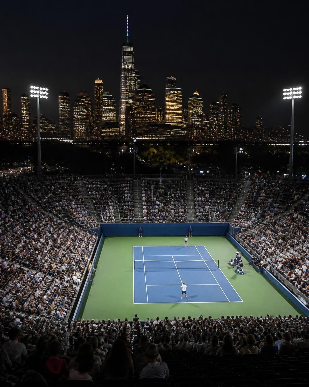 A floodlit hard court arena at night with the New York skyline behind