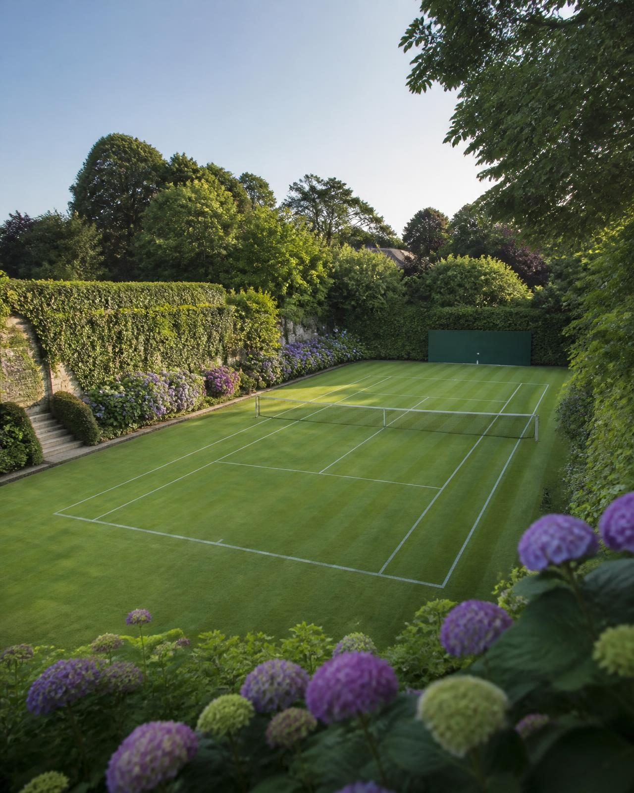 A perfectly striped grass tennis court framed by hydrangeas in summer light