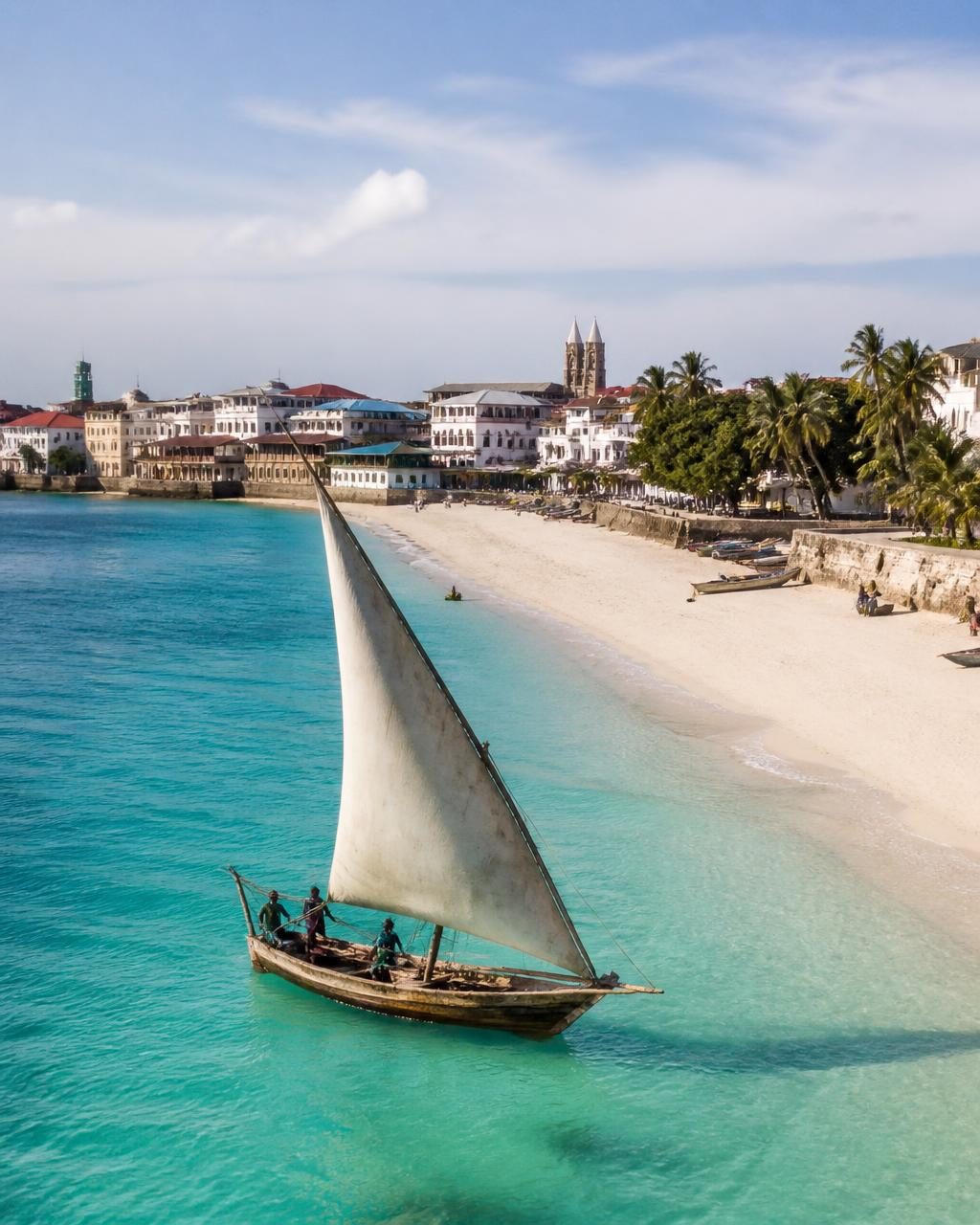 Traditional dhow sailing off Zanzibar's white sand beach with Stone Town behind